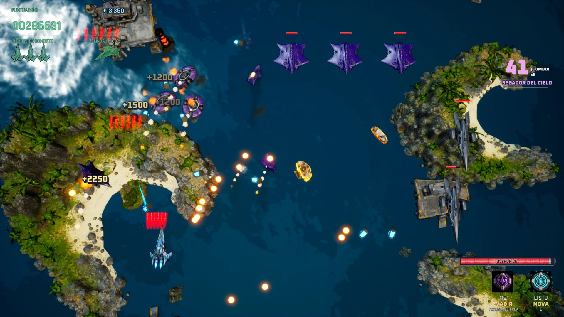 Vertical combat over tropical islands, with drones and incoming projectiles.