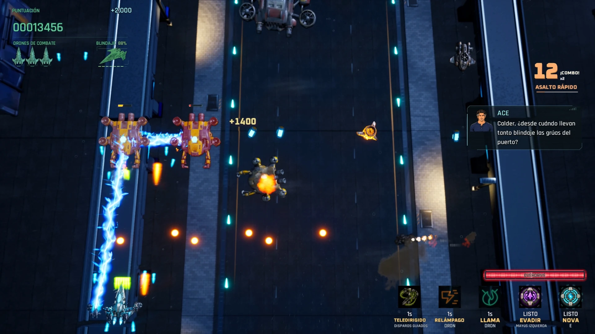 Vertical cooperative combat over the illuminated harbour.