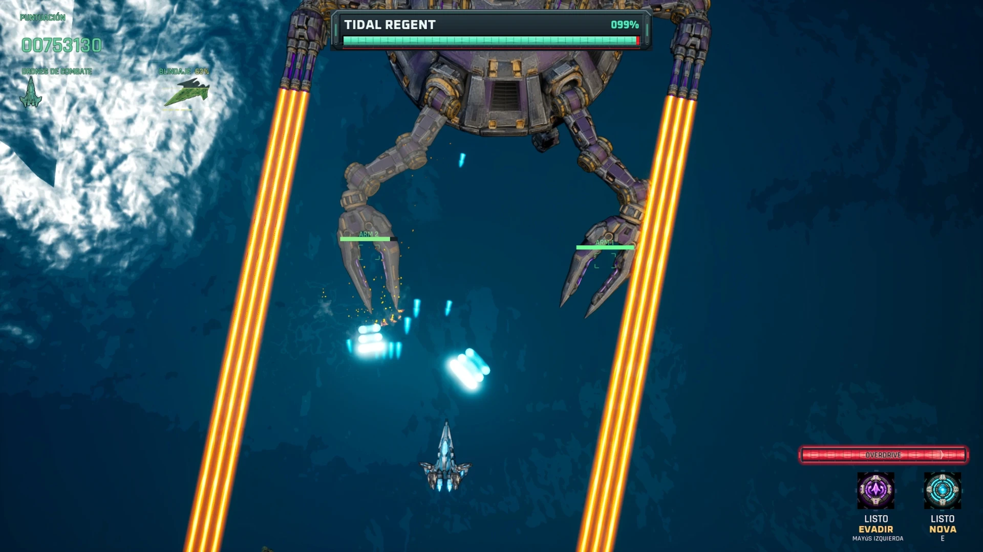 Vertical boss fight against Tidal Regent and its orange laser beams.
