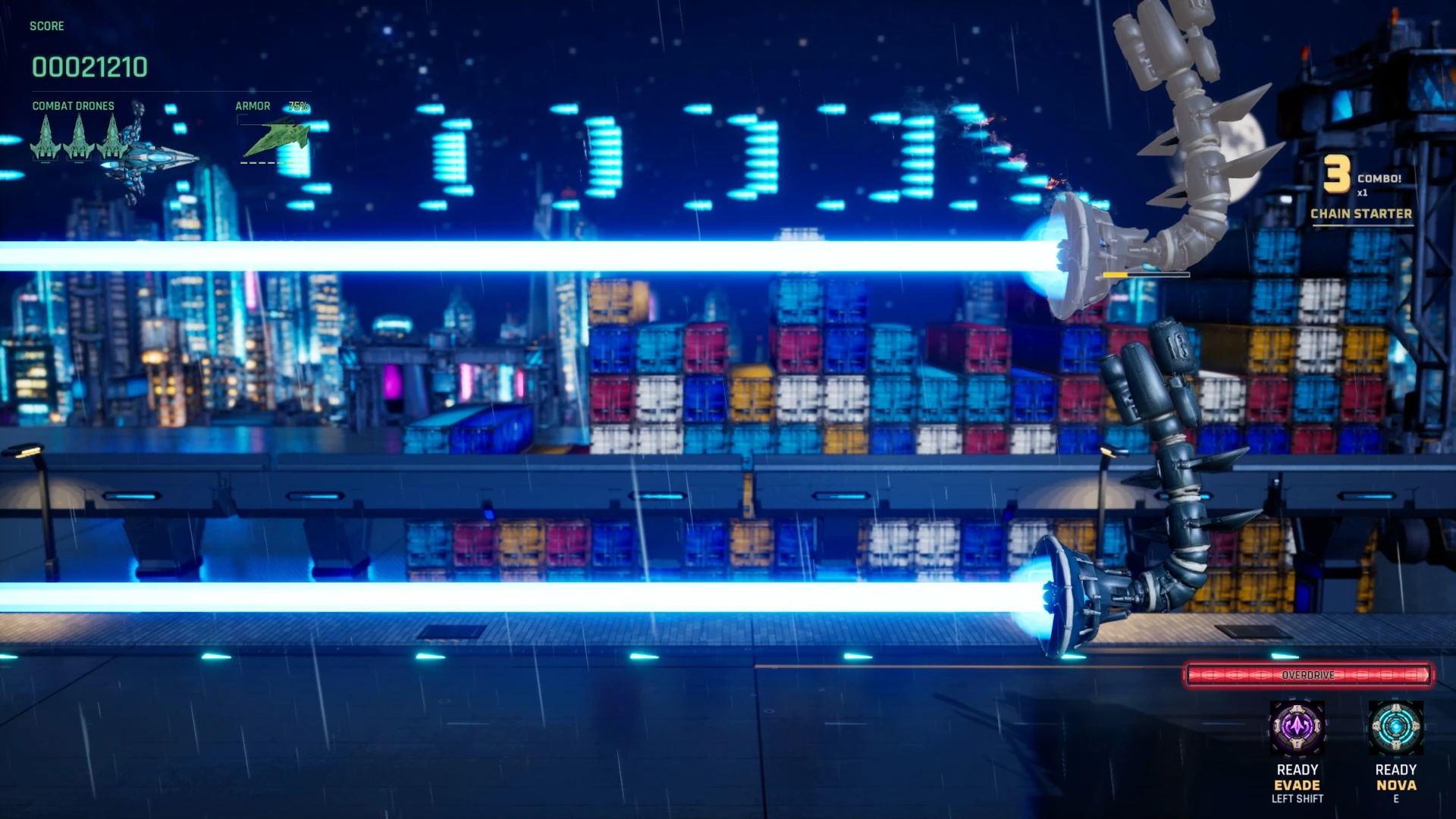 Horizontal cooperative combat against Harbour Titan and its blue beams.