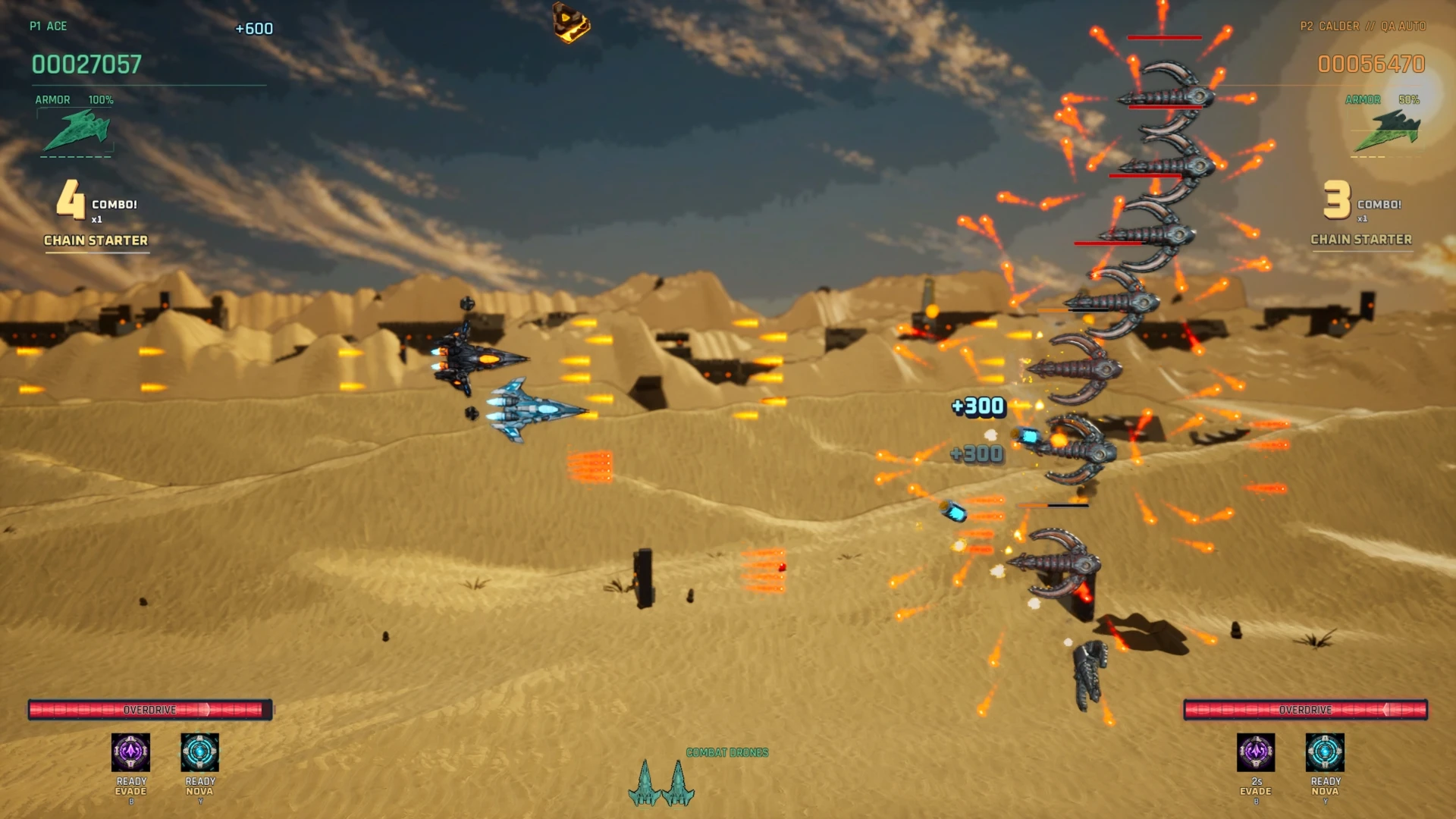 Horizontal combat through the desert against a column of enemy drones.