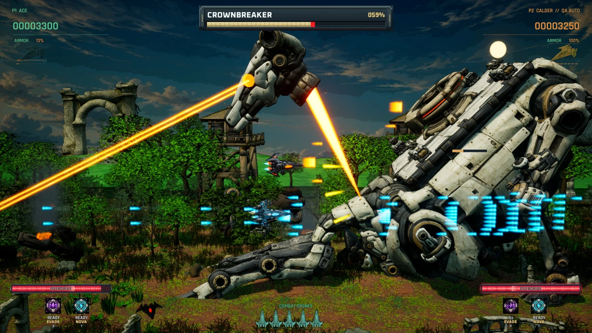 Horizontal cooperative boss fight against Crownbreaker in the forest.