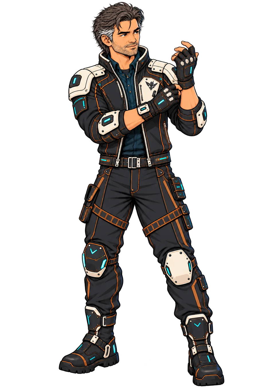 ACE in a dark flight jacket with ivory armour plates, ready.