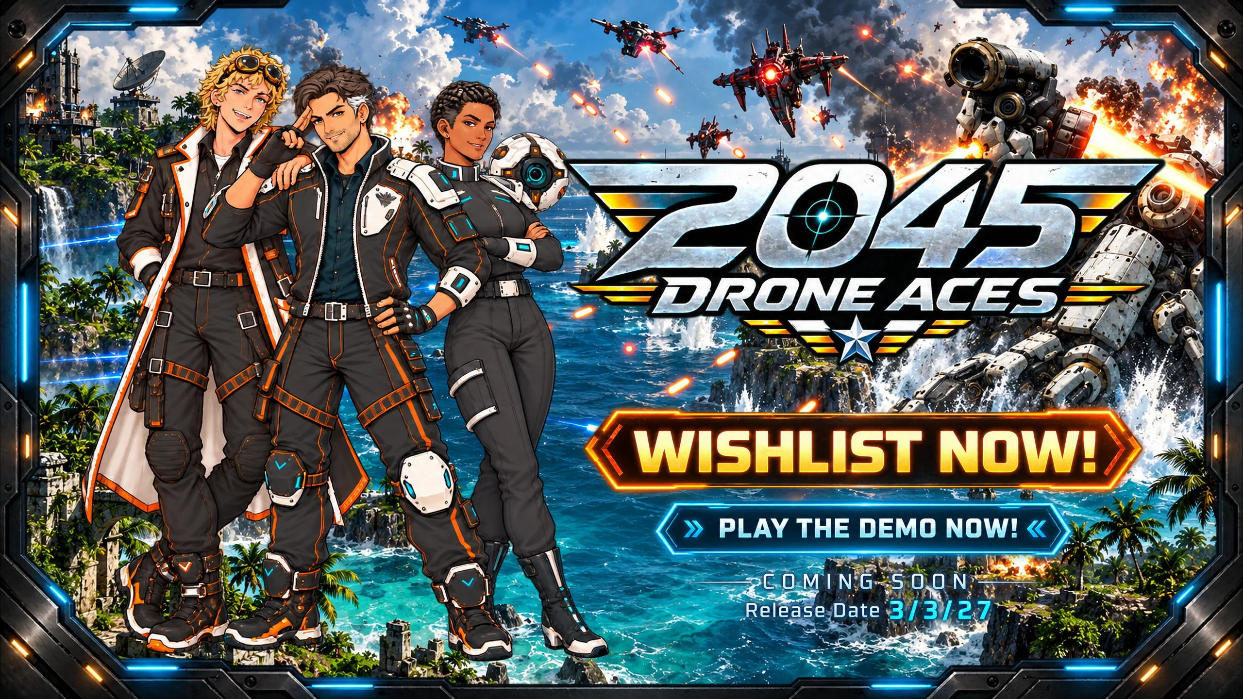 2045: Drone Aces promotional artwork: the crew against a battle over a tropical archipelago. The artwork announces wishlisting, a demo and a 3 March 2027 release date.