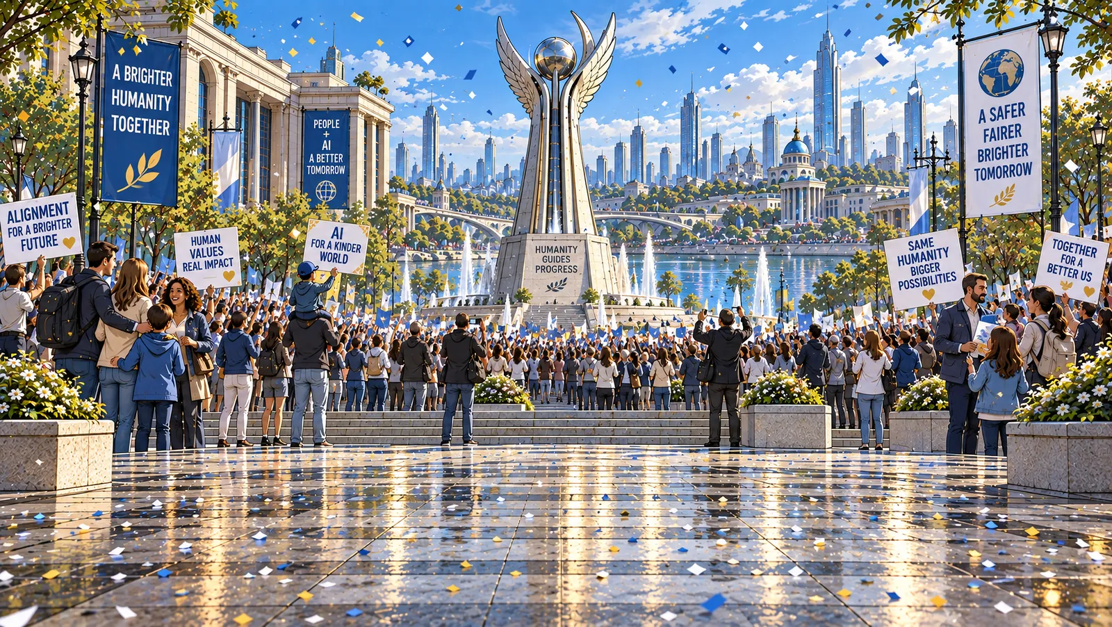 Comic panel: crowds celebrate World AI Alignment Day around a winged monument, holding banners about a brighter future.