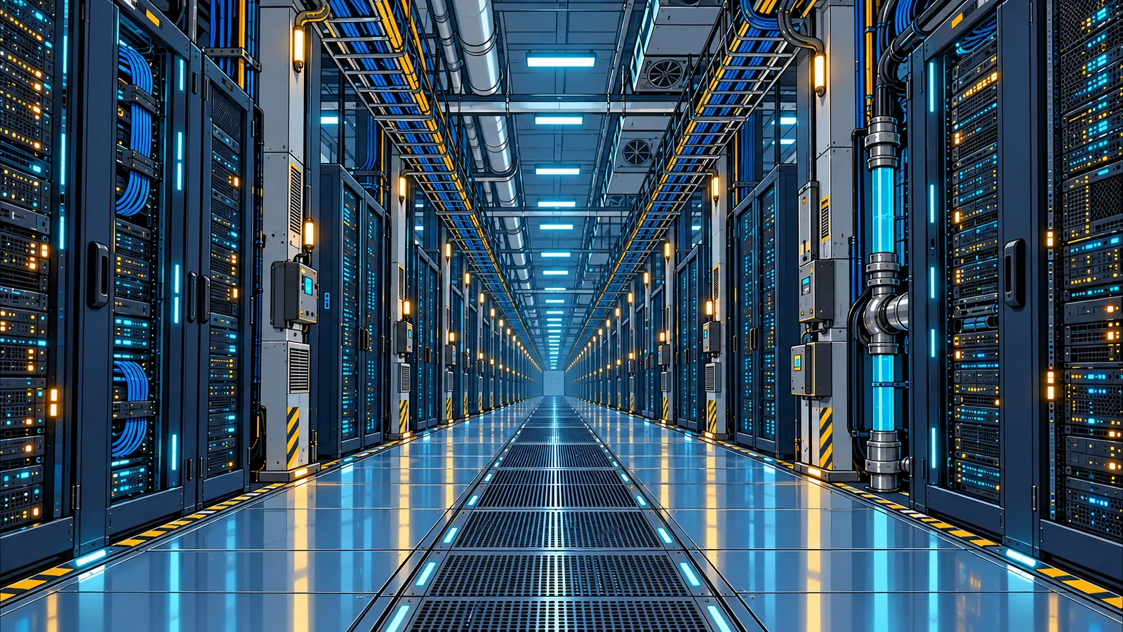 Comic panel: an endless data-centre corridor of server racks lit in blue.