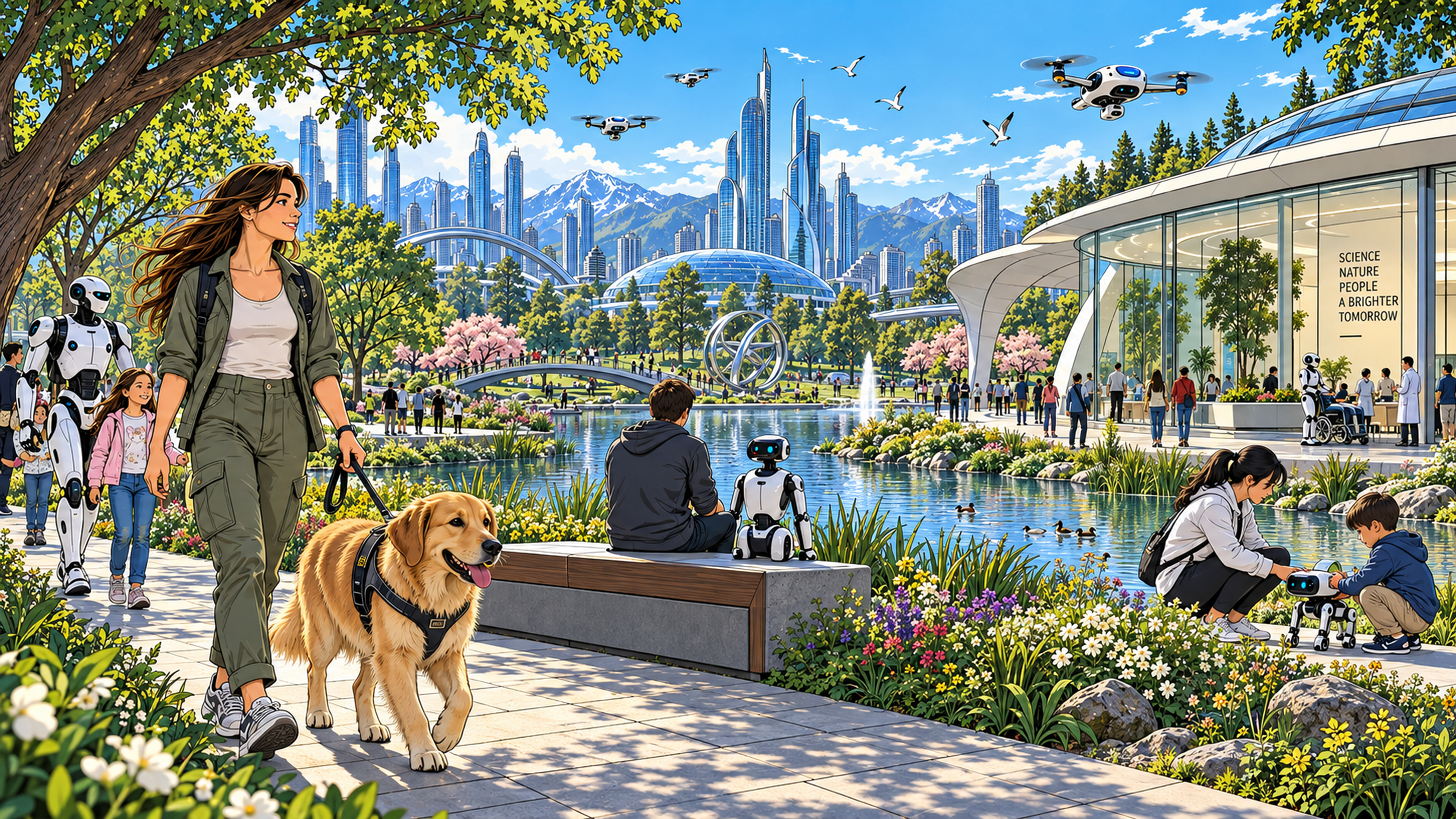 Comic panel of eighteen years of progress: a green futuristic city where people live alongside robots and drones.