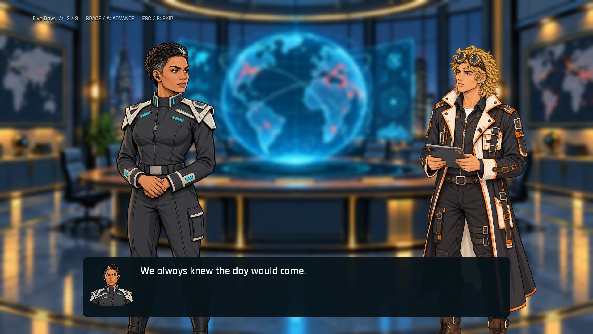 In-game story scene: Commander SOL and Dr. CALDER face each other at the organization's headquarters, beside a holographic globe.